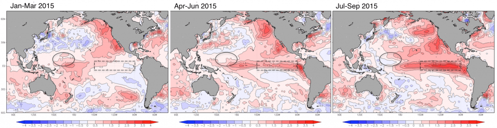 Fig 3: Difference from monthly average sea-surface temperatures over three months.（Created from NOAA data. Sea regions inside the circle representing typhoon appearance regions where sea surface temperature is particularly higher than normal from January to March. The dotted rectangles are El Niño monitoring areas.）