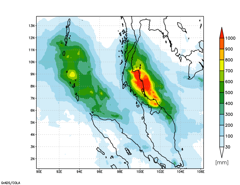 Sơ đồ 2: Tổng lượng mưa tại Thái Lan từ 1/12 tới 7/12 năm 2016 chiết xuất từ Bản đồ mưa vệ tinh toàn cầu (GSMap) tính toán bởi JAXA. Dữ liệu mưa vệ tinh ứng dụng công nghệ quan trắc viễn thám nên có sai số lớn hơn so với dữ liệu mưa quan trắc bằng hệ thống trạm mặt đất (sơ đồ 1)