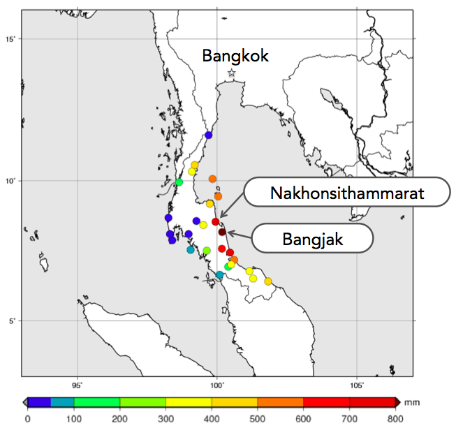 Sơ đồ 1：Tổng lượng mưa tại Thái Lan từ 1/12 tới 7/12 năm 2016 theo Dữ liệu quan trắc khí tượng tự động（AWS） của Cục KTTV Thái Lan
