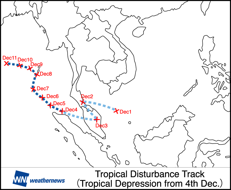 Sơ đồ 4: Quỹ tích của Nhiễu động Nhiệt đới từ 1/12/2016 tới 11/12/2016  ( biến đổi thành Áp thấp nhiệt đới vào ngày 4/12/2016)