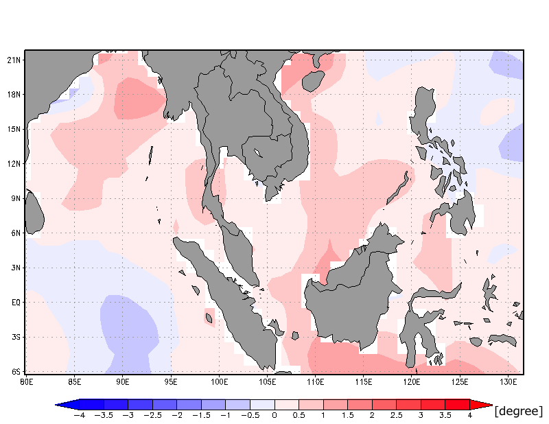 Sơ đồ 3: Biến đổi của nhiệt độ bề mặt biển từ 27/1/2106 tới 3/12/2016 so với trung bình mọi năm （Tính toán theo dữ liệu của Cục Quản lý Đại dương và Khí quyển Quốc gia Hoa Kỳ NOAA）